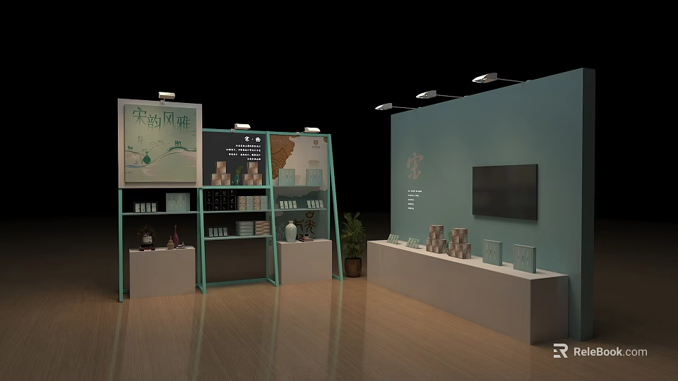 White and Green Display Shelves with Li Zhuoxian's Paintings TV and Plants on Wooden Floor 3d model 