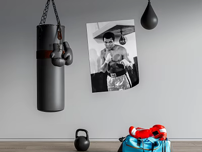 Sports Equipment Setup With Hanging Punching Bag Boxing Gloves Kettlebell Helmet And Sports Bag 3d model
