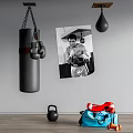 Sports Equipment Setup With Hanging Punching Bag Boxing Gloves Kettlebell Helmet And Sports Bag