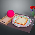 Pink Round Cheese on Wooden Tray with Cheese Toast Plate and Red Flowers in Vase