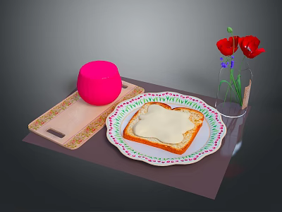 Pink Round Cheese on Wooden Tray with Cheese Toast Plate and Red Flowers in Vase 3d model