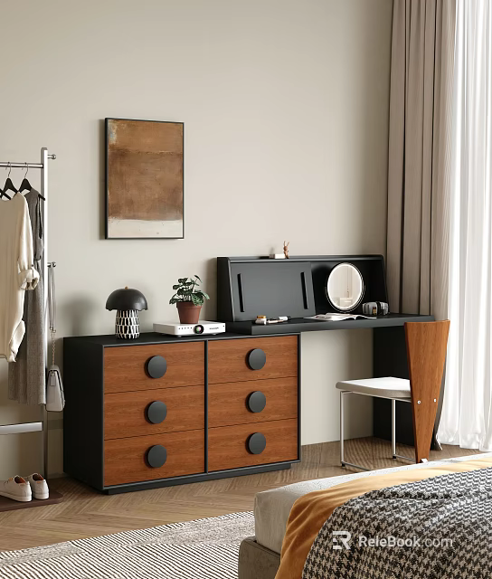 Dressing Table with Black Top Brown Drawers Round Mirror Table Lamp and Chair 3d model 