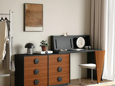 Dressing Table with Black Top Brown Drawers Round Mirror Table Lamp and Chair 3d model