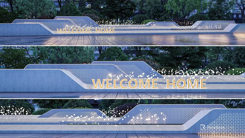 Illuminated Landscape Wall With Welcome Home Lettering And Perforated Design In Outdoor Space 3d model 