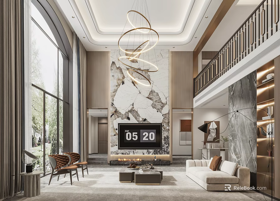 Duplex Living Room With Circular Chandeliers Marble Accent Wall Sofa And Floor To Ceiling Windows 3d model 