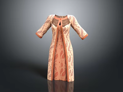 Beige Paisley Pattern Robe With Orange Trim And Lace Neckline Design 3d model