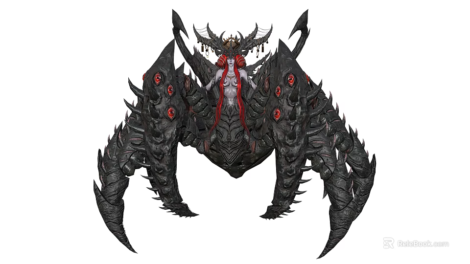 Female Figure Riding Black Spiked Creature With Red Eyes And Horned Headdress 3d model 