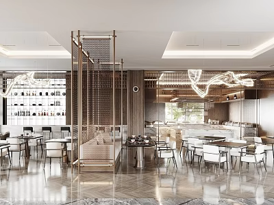 Modern Elegant Restaurant Interior With Chandelier Lighting Dining Tables Chairs And Glass Partition 3d model
