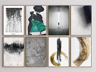 Abstract Paintings Collection Featuring Diverse Styles Shapes Black White Gold Green Tones 3d model