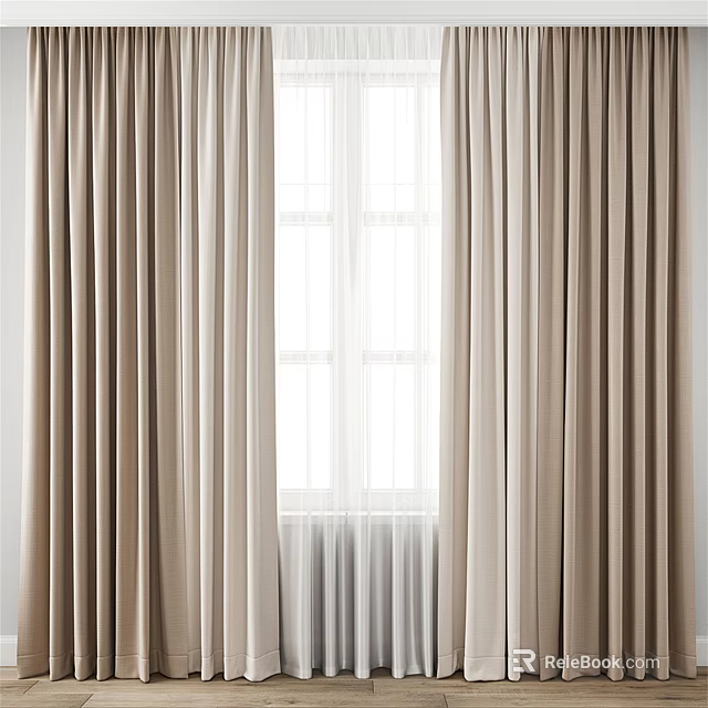 Beige Thick Curtains With Sheer Lining For Window Natural Light Home Decor 3d model