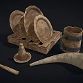 Rustic Kitchen Appliances With Wooden Plates Tray Mug Fork And Horn