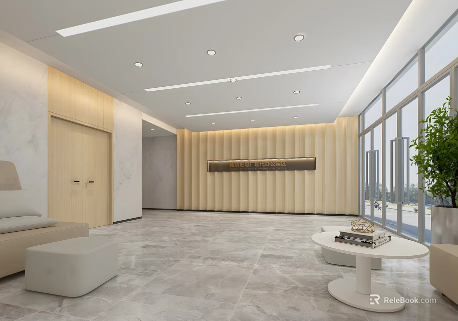 Modern Reception Area With Gray Marble Flooring Wooden Wall Large Windows And Green Plant 3d model 