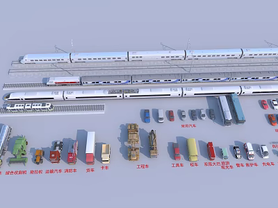 Various Cars And Transport Vehicles With Different Colors And Models Arranged On Tracks And Ground 3d model