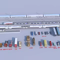 Various Cars And Transport Vehicles With Different Colors And Models Arranged On Tracks And Ground