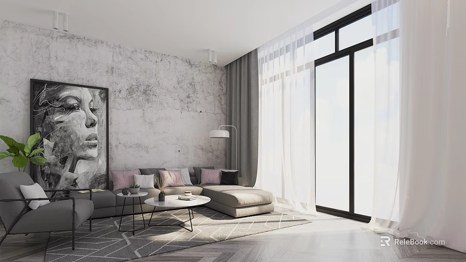 Modern Living Room Featuring Gray Sofa Abstract Painting Geometric Rug And Floor To Ceiling Windows 3d model 