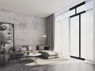 Modern Living Room Featuring Gray Sofa Abstract Painting Geometric Rug And Floor To Ceiling Windows 3d model