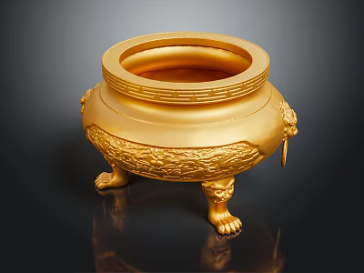 Golden Traditional Incense Burner With Intricate Carved Patterns Claw Feet And Animal Head Decorations 3d model