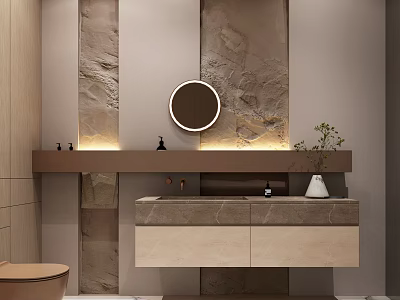 Elegant Modern Neutral Toned Bathroom Design With Wall Mounted Marble Vanity And Round LED Mirror 3d model