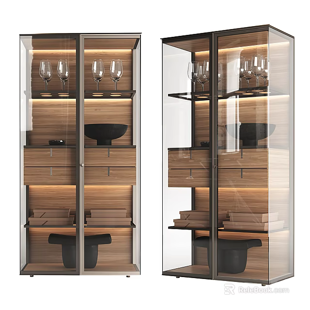 Elegant Modern Wine Cabinet With Glass Doors Wooden Drawers Shelves Wine Glasses And Lighting 3d model 