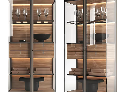 Elegant Modern Wine Cabinet With Glass Doors Wooden Drawers Shelves Wine Glasses And Lighting 3d model