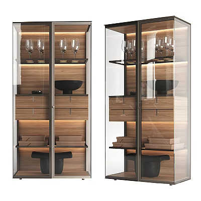 Elegant Modern Wine Cabinet With Glass Doors Wooden Drawers Shelves Wine Glasses And Lighting 3d model