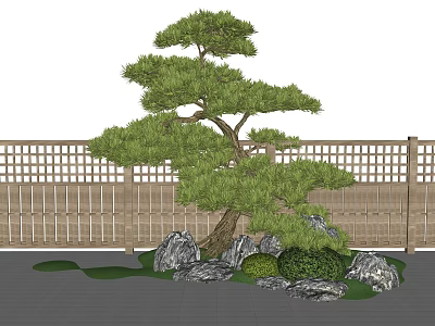 Landscape Sculpture Featuring Pine Tree Rocks And Bushes With Wooden Fence 3d model