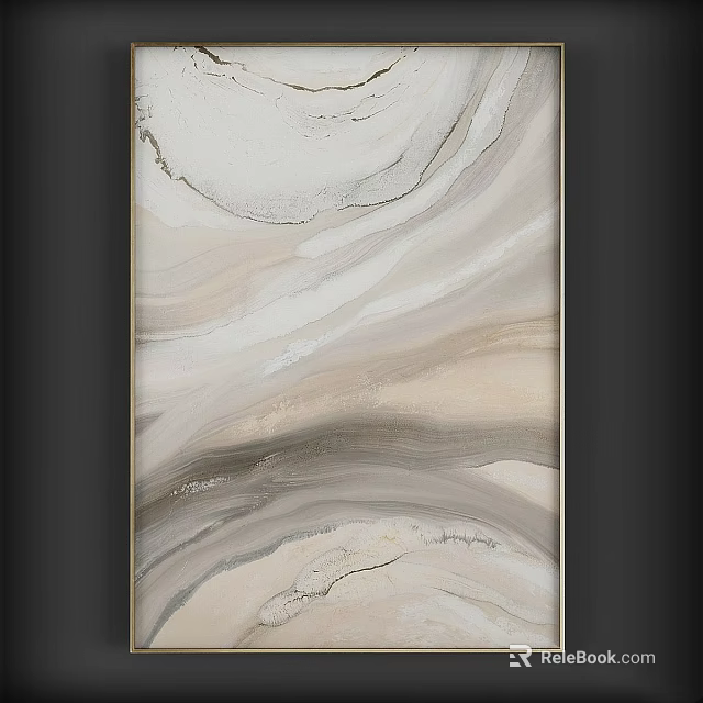 Modern Framed Abstract Wall Art With Beige Grey Swirls And Gold Accents 3d model 