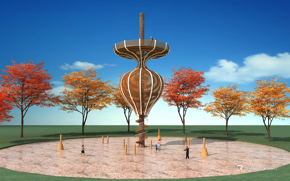 Modern Treehouse With Unique Design Surrounded By Colorful Trees And People In Park 3d model
