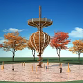 Modern Treehouse With Unique Design Surrounded By Colorful Trees And People In Park 3d model