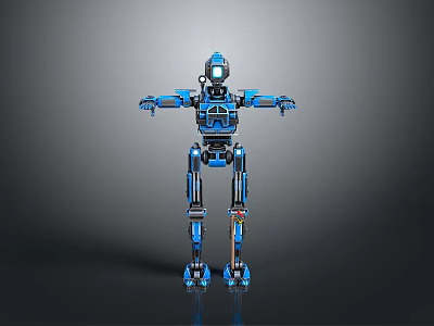 Blue Mechanical Humanoid Robot Character Standing With Extended Arms And Jointed Structure 3d model