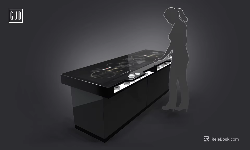 Silhouette of woman operating black kitchen countertop with induction cooktop and control knobs 3d model 