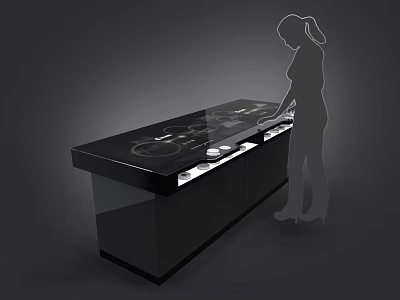 Silhouette of woman operating black kitchen countertop with induction cooktop and control knobs 3d model