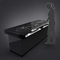 Silhouette of woman operating black kitchen countertop with induction cooktop and control knobs