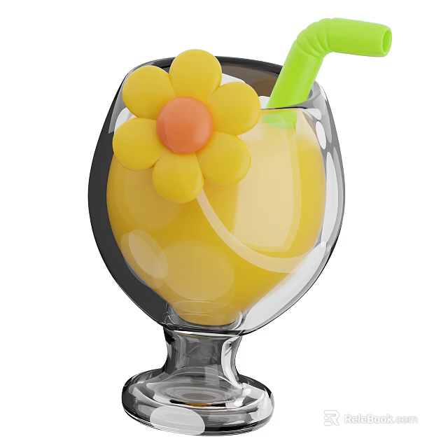 Transparent Wine Glass With Yellow Beverage Green Straw And Yellow Flower Decoration 3d model 