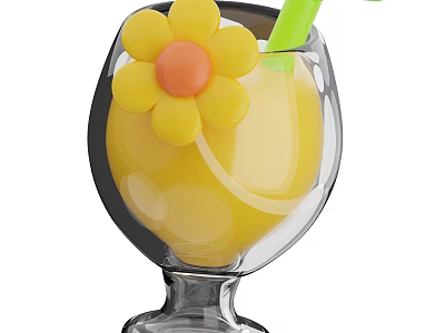 Transparent Wine Glass With Yellow Beverage Green Straw And Yellow Flower Decoration 3d model