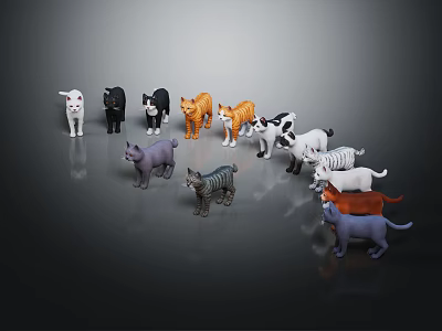 Toy Cat Figurines Of Various Colors And Different Poses On Dark Surface 3d model