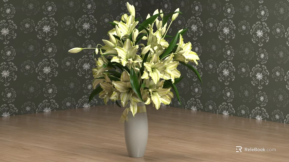 White Vase With Yellow And White Lilies On Wooden Floor Against Dark Patterned Wallpaper 3d model 