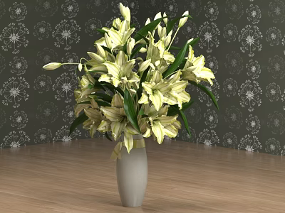 White Vase With Yellow And White Lilies On Wooden Floor Against Dark Patterned Wallpaper 3d model