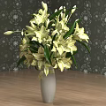 White Vase With Yellow And White Lilies On Wooden Floor Against Dark Patterned Wallpaper