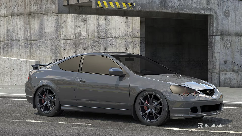 Gray Two Door Coupe Car Parked By Concrete Wall And Tunnel Entrance 3d model 
