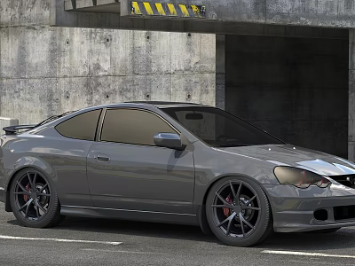 Gray Two Door Coupe Car Parked By Concrete Wall And Tunnel Entrance 3d model