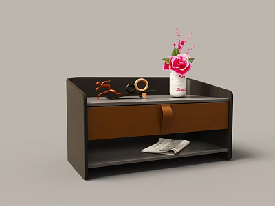 Dark Wooden Bedside Table With Brown Drawer Leather Strap White Vase Pink Flowers 3d model