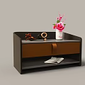 Dark Wooden Bedside Table With Brown Drawer Leather Strap White Vase Pink Flowers