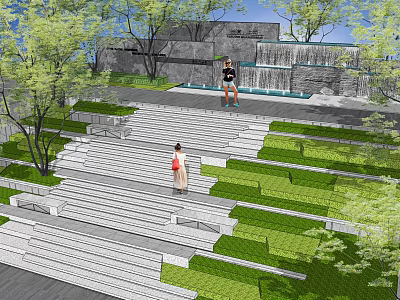 Modern Outdoor Stairs With Lush Greenery Water Feature And People Walking In Landscape 3d model