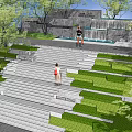 Modern Outdoor Stairs With Lush Greenery Water Feature And People Walking In Landscape