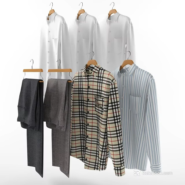 Men's Clothing Including Gray Pants Plaid And Striped Shirts On Wooden Hangers 3d model 