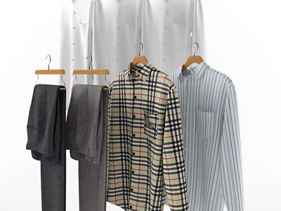 Men's Clothing Including Gray Pants Plaid And Striped Shirts On Wooden Hangers 3d model