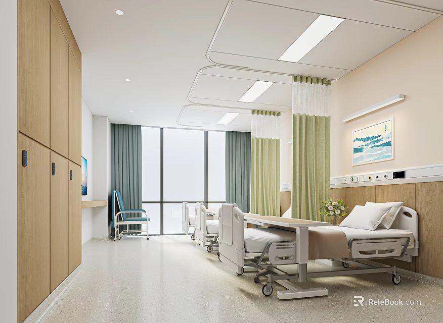 Modern Hospital Ward Interior With Wooden Cabinets Large Windows Green Curtains And Medical Beds 3d model 