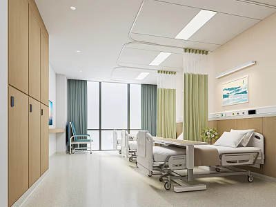 Modern Hospital Ward Interior With Wooden Cabinets Large Windows Green Curtains And Medical Beds 3d model