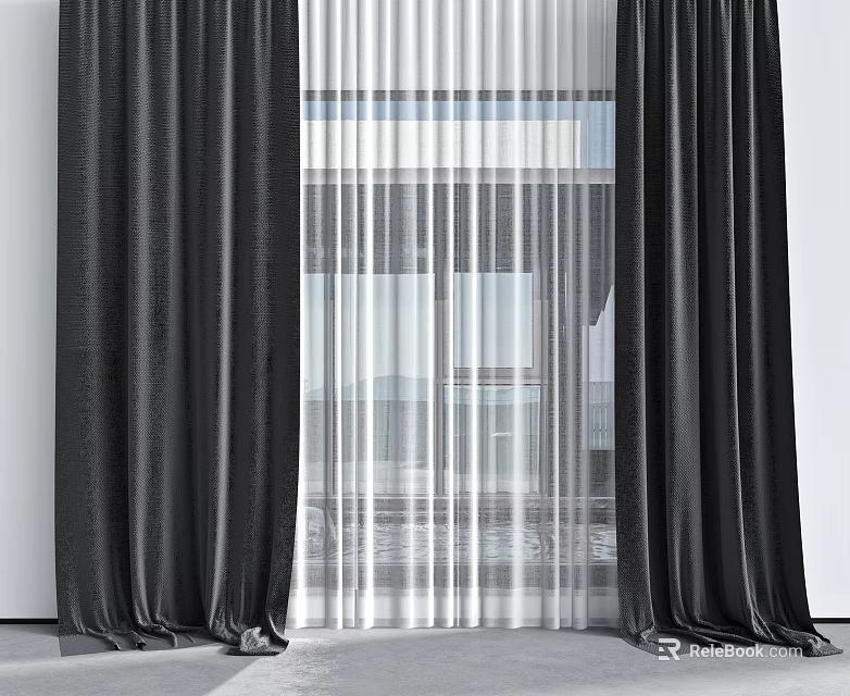 Black Thick Curtains and White Sheer Curtains for Window Interior Decoration Design 3d model 